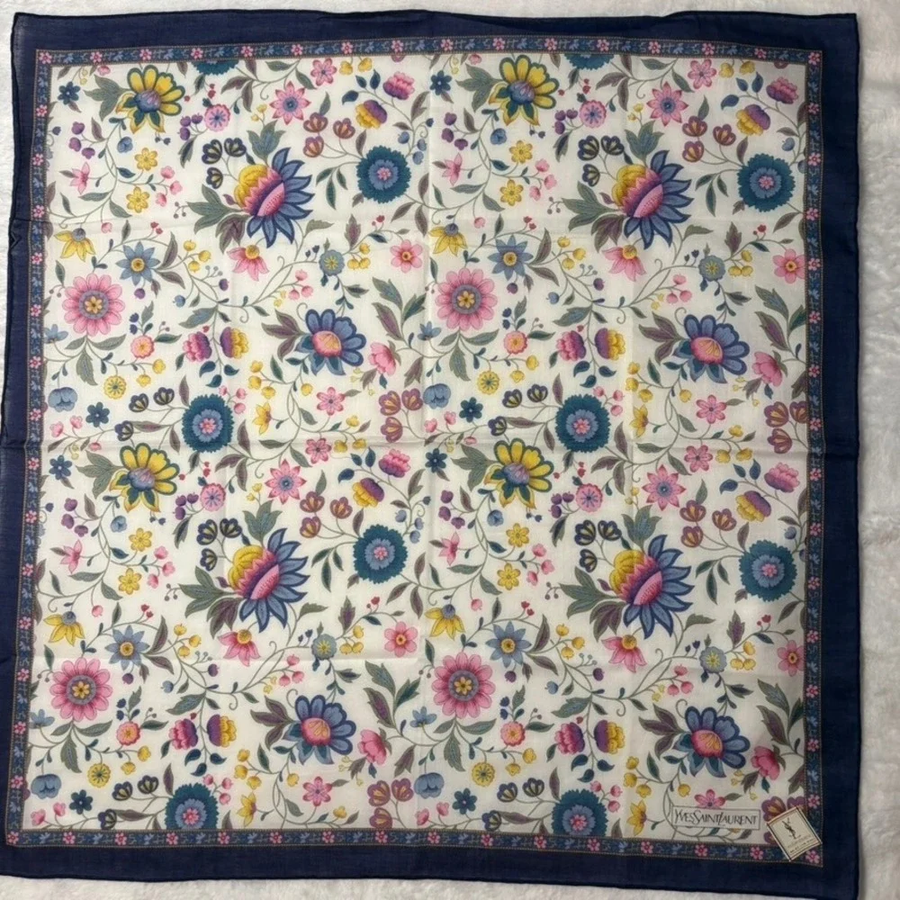 Vtg YVES SAINT LAURENT Scarf Handkerchief Floral Cotton Navy Blue 18.5